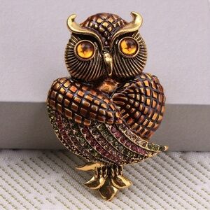 Gold and Multicolor Owl Brooch Metal Base and